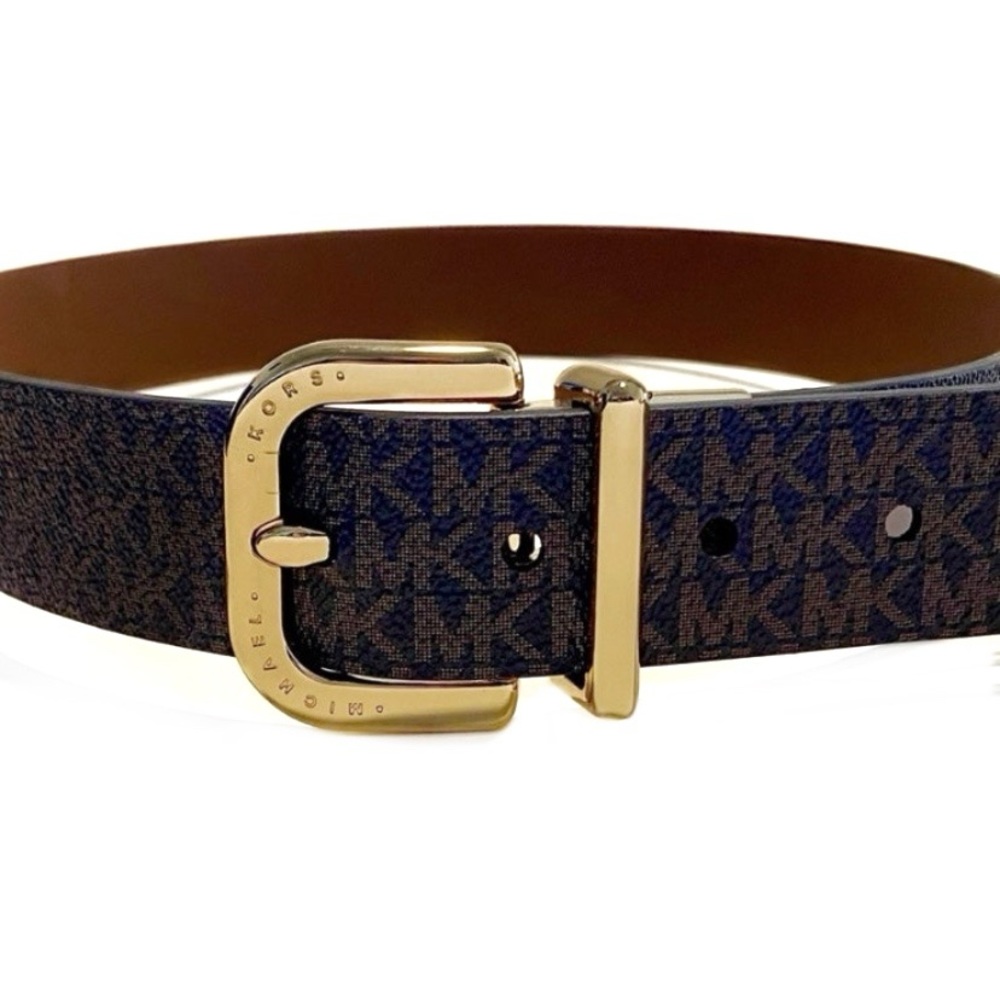 Michael Kors Brown Tan Logo Gold Buckle Belt NWT